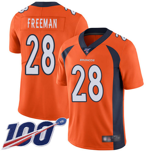 Men Denver Broncos #28 Royce Freeman Orange Team Color Vapor Untouchable Limited Player 100th Season Football NFL Jersey->denver broncos->NFL Jersey